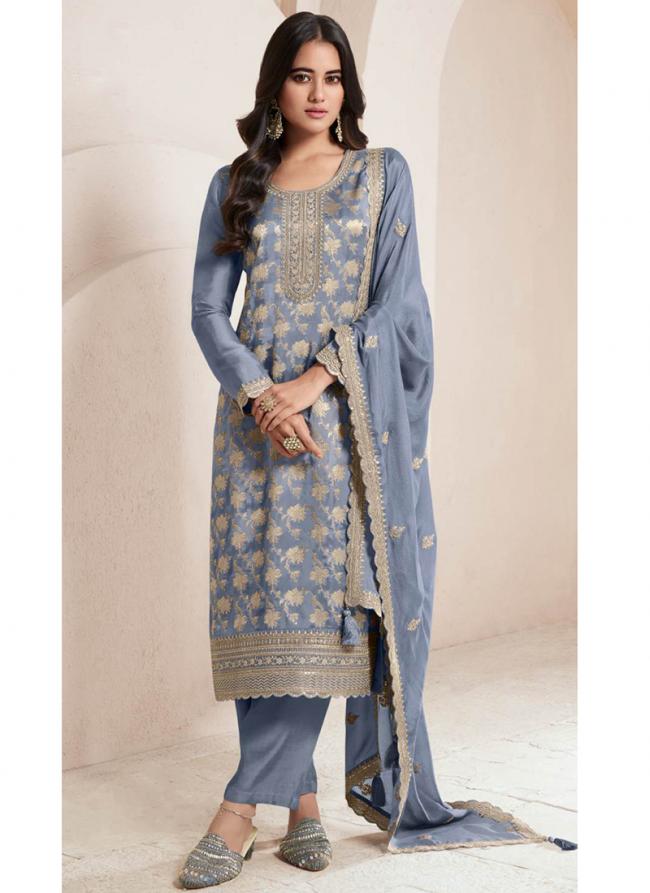 Silk Light Blue Ceremonial Wear Embroidery Work Plazzo Suit